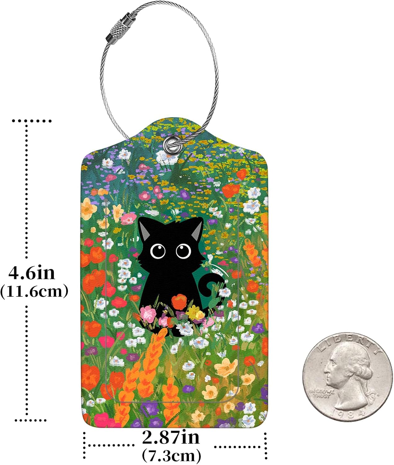 2 Pcs Luggage Tags for Suitcase, Cute Unique PU Leather Travel Bag Tag with Privacy Cover ID Label Address Card and Durable Metal Ring Suitable for Men Women Children Backpack,Black Cat On A Flower