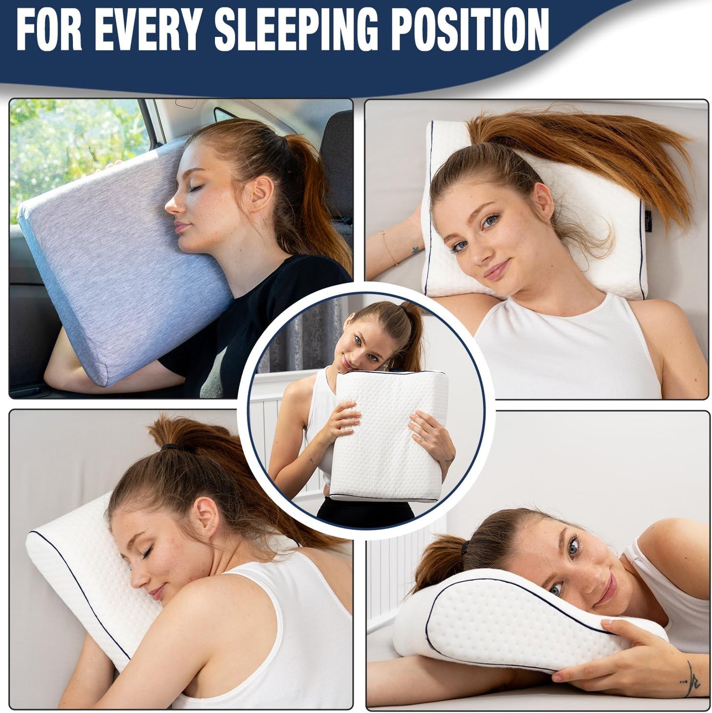 Travel & Camping Comfortable Memory Foam Pillow – Easy to Carry Portable Bag – Temperature Regulating Pillow Case (White Contour + Extra Cover)