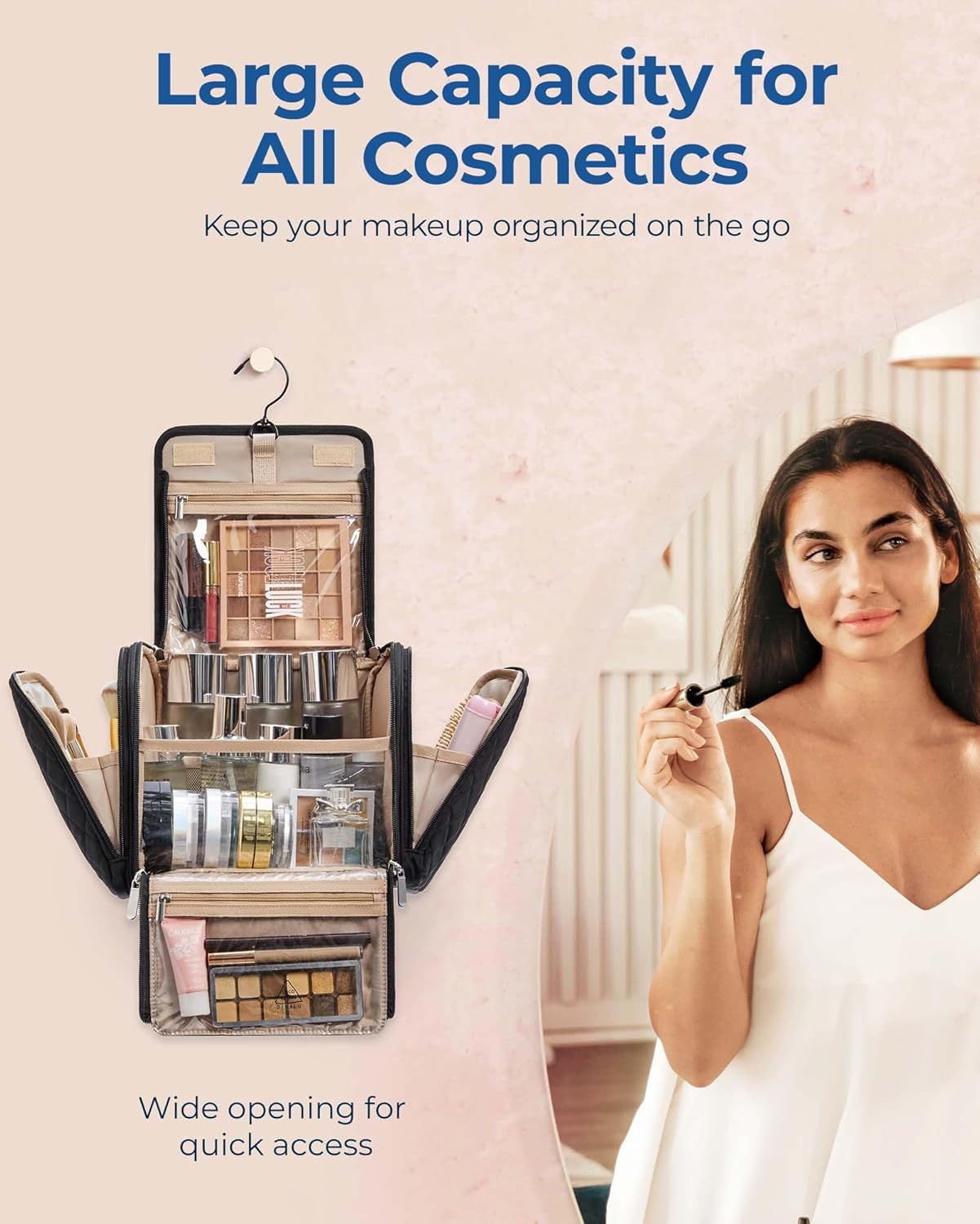 BAGSMART Makeup Bag for Women with Hanging Hook, Large Portable Capacity Water-resistant Organizer Travel Case for Toiletries and Cosmetics, Brown