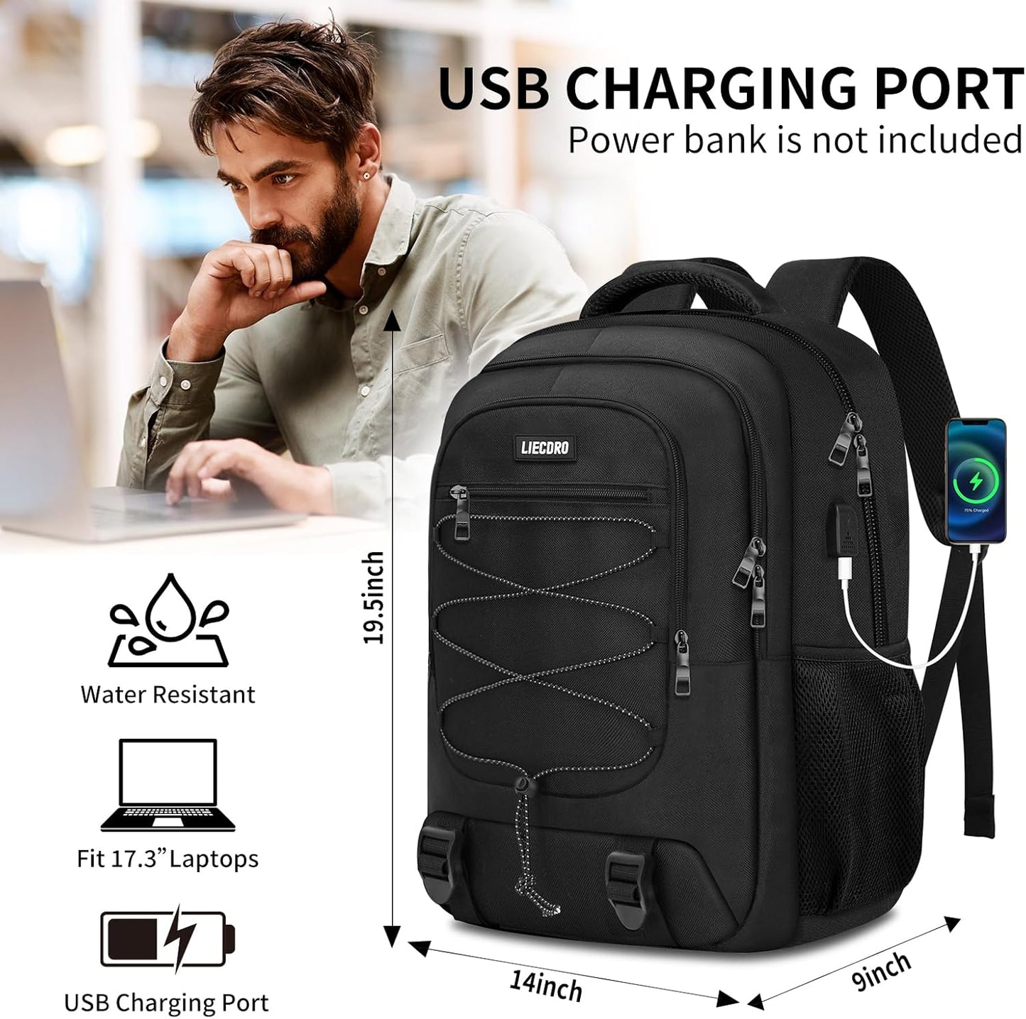 Black Backpack for Men Women, Backpack for School, School Backpacks for Boys Girls Teens, 17.3 inch Laptop Back Pack with USB Charging Port, Large College Book Bag, Business Work Travel Bookbag
