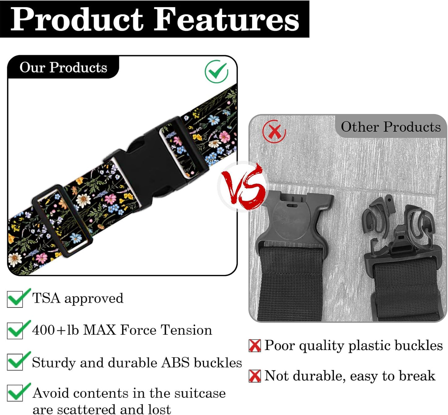 2 Pack Wildflower Luggage Straps for Suitcases Adjustable Travel Belt Luggage Tie Carry On Bag Suitcase Strap to Keep Suitcase Secure While Traveling