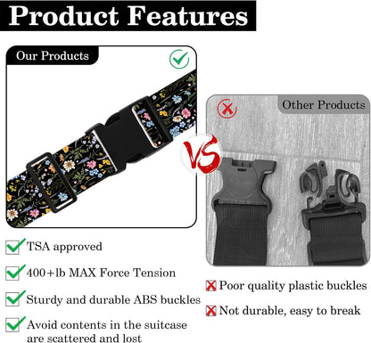 2 Pack Wildflower Luggage Straps for Suitcases Adjustable Travel Belt Luggage Tie Carry On Bag Suitcase Strap to Keep Suitcase Secure While Traveling