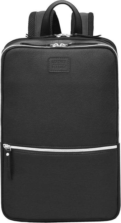 LEATHER VILLAGE Leather Laptop Backpack for Men |Black | Slim Professional Business Bag Fits 15.6”-Laptop | Water-Repellent Work & Travel Daypack with Trolley Strap