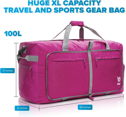 Bago Large Foldable Duffel Bags for Traveling Women & Men - 120L Packable Duffle Bag for Travel with Shoe Compartment - Water Repellant, Heavy Duty, Lightweight Folding & Collapsible (Pink)