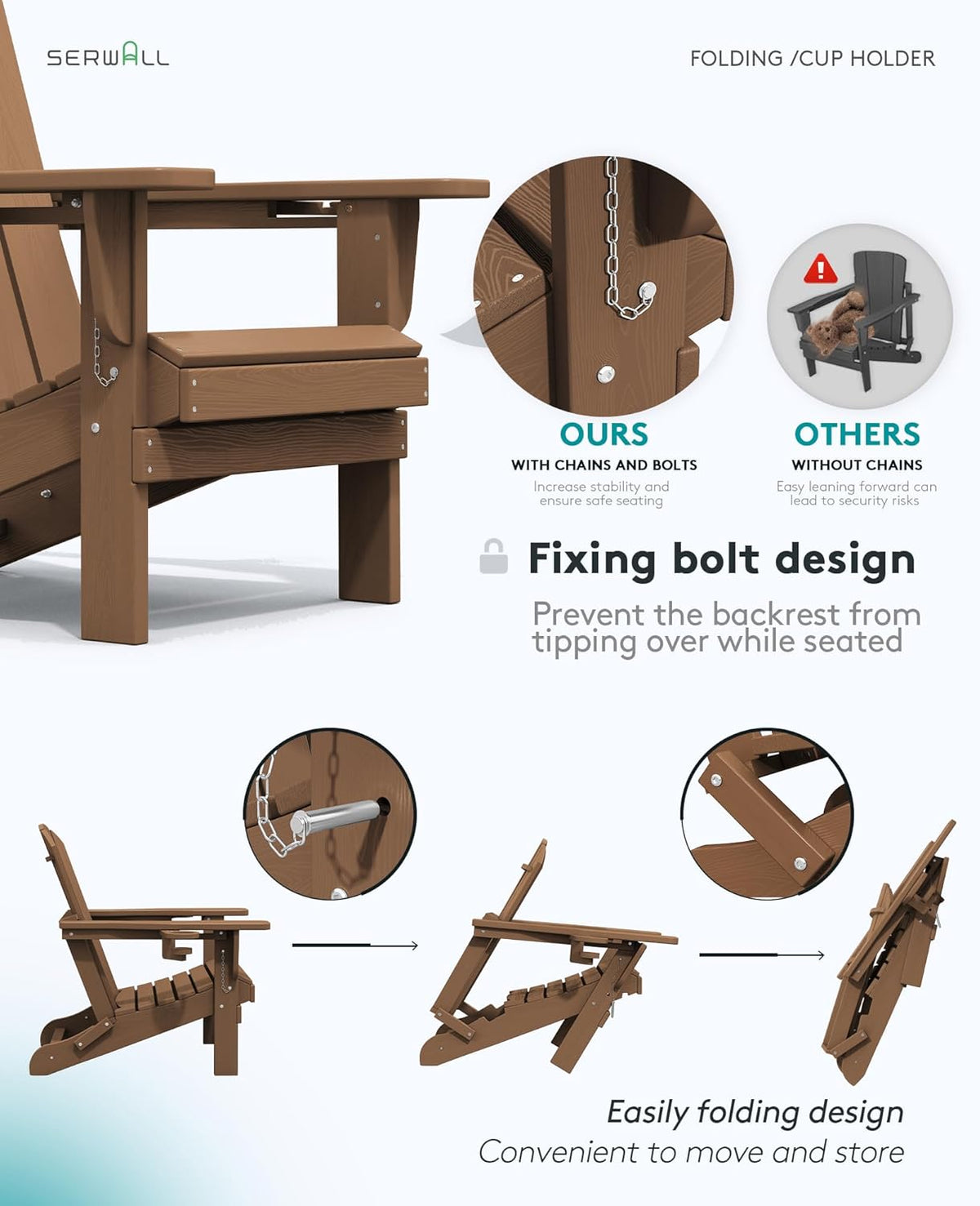 SERWALL Adirondack Chair with Cup Holders - Composite Adirondack Chairs Set of 4 HDPE Outdoor Chairs All Weather Use- Brown