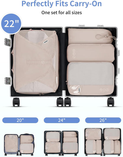 WANDF 7 Set Compression Packing Cubes for Travel, Shirt Folder for Wrinkle-Free, Suitcase Organizer Bags Set for Carry-On Checked Luggage Duffle Bag Women Men(Khaki)