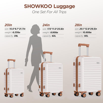 SHOWKOO Luggage Sets 3 Piece Hardside Expandable Suitcase with Double Spinner Wheels Tsa Lock Beige White (20in/24in/28)