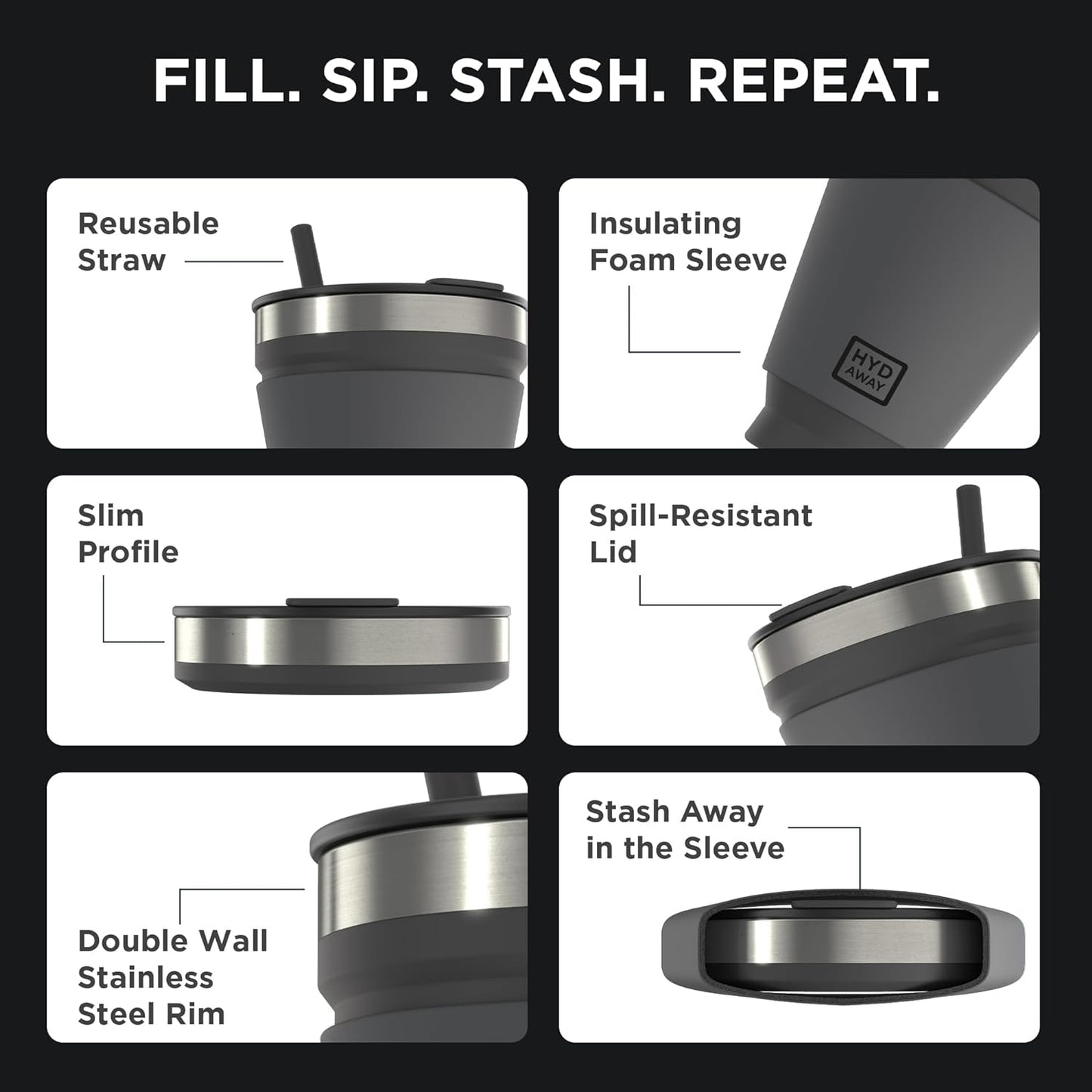 HYDAWAY 16oz Collapsible Tumbler - BPA-Free, Reusable Silicone Cup with Lid & Insulating Sleeve - Perfect for Coffee, Travel, and Everyday Use