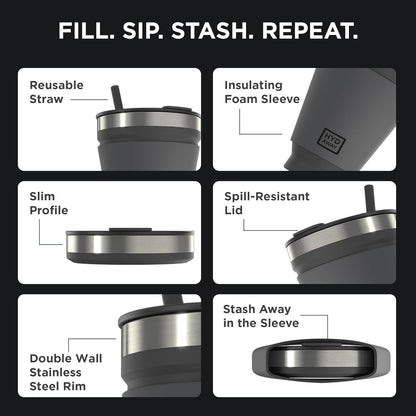 HYDAWAY 16oz Collapsible Tumbler - BPA-Free, Reusable Silicone Cup with Lid & Insulating Sleeve - Perfect for Coffee, Travel, and Everyday Use