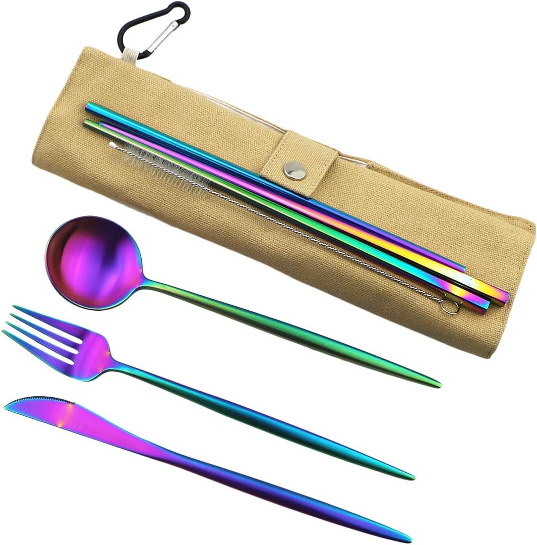 Gugrida Luxury Rainbow Matte Portable 18/10 Stainless Steel Travel Flatware Sets of 7 Portable Camping Cutlery Set, Healthy & Eco-Friendly Flatware Set with Carrying Case for Travel or Camping