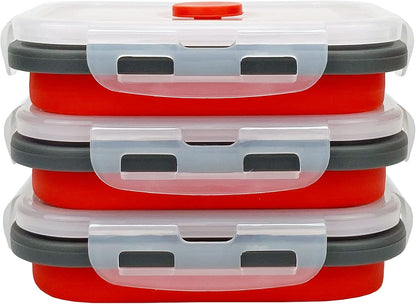 CCyanzi 3piece Collapsible Food Storage Containers with Lids, Silicone Lunch Container, Microwave & Freezer Safe, Space Saving for Kitchen Cabinet and Camping Backpack,(red gray)