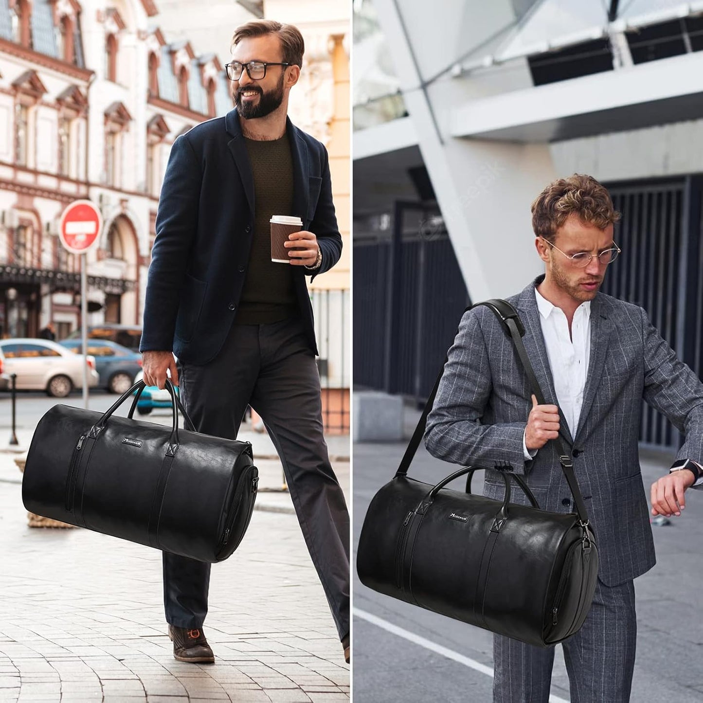 Modoker Convertible Leather Garment Bag, Carry on Garment Bags for Travel, Garment Duffel Bag, Gifts for Men Women Business Waterproof Suitcase Suit Travel Bags, Black