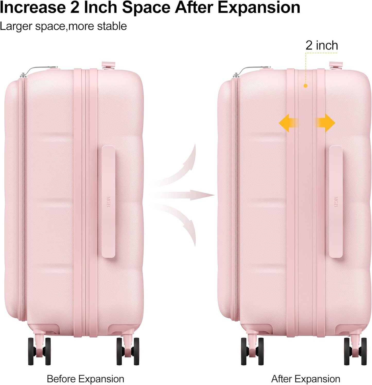 MGB 20 Inch Expandable Carry On Luggage with Wheels PC Hard Shell Suitcase Top Opening Travel Luggage Suitcases for Woman Men Gifts (Pink)