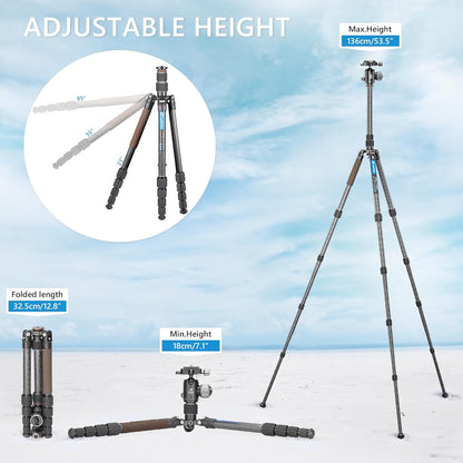 Lightweight Carbon Fiber Reverse Folding Travel Tripod with Ball Head, Removable Center Column, Folded Height 36cm, Maximum Load 6KG（LX-225CT+XB-32Q）