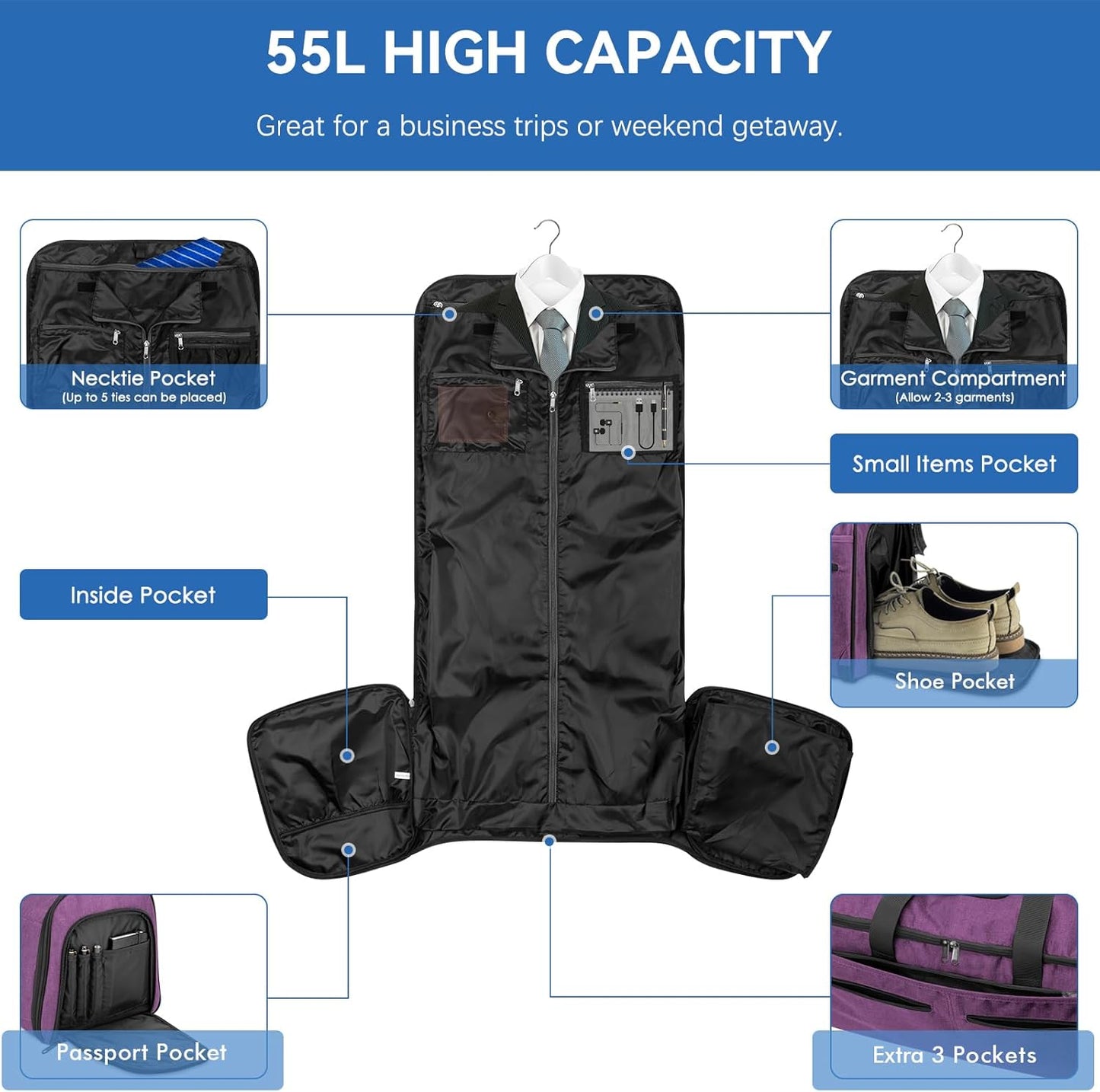 Large Garment Bag for Travel, Bukere Convertible Suit Travel Garment Duffel Bag for Women Business, Shoe Compartment, Detachable Shoulder Strap, 2 in 1 Hanging Suitcase Suit Travel Bags, Purple