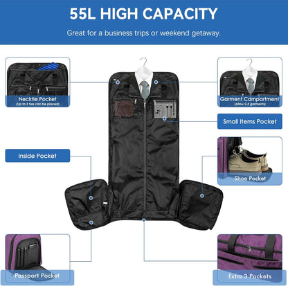 Large Garment Bag for Travel, Bukere Convertible Suit Travel Garment Duffel Bag for Women Business, Shoe Compartment, Detachable Shoulder Strap, 2 in 1 Hanging Suitcase Suit Travel Bags, Purple