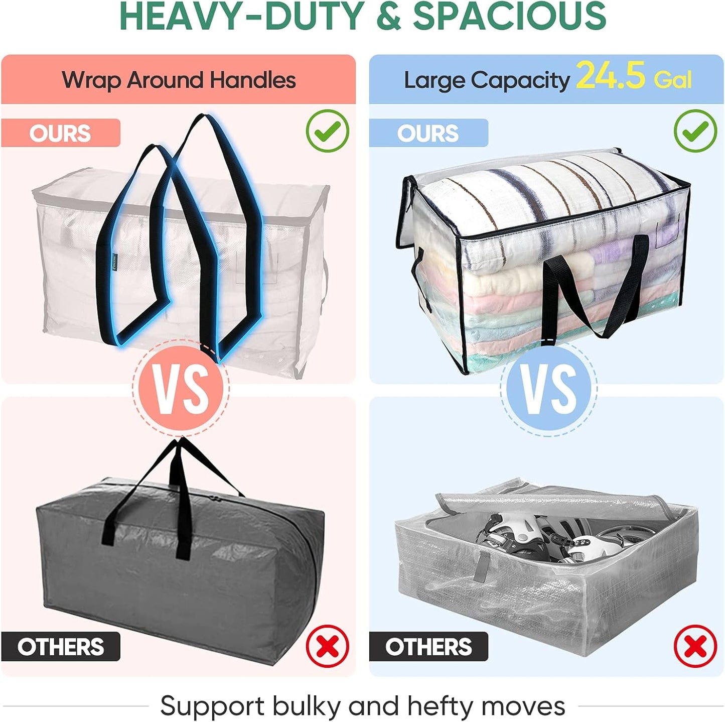 BALEINE 4-Pack Oversized Moving Bags with Reinforced Handles, Heavy-Duty Storage Tote for Clothes, Moving Supplies (Clear, 4-Pack)