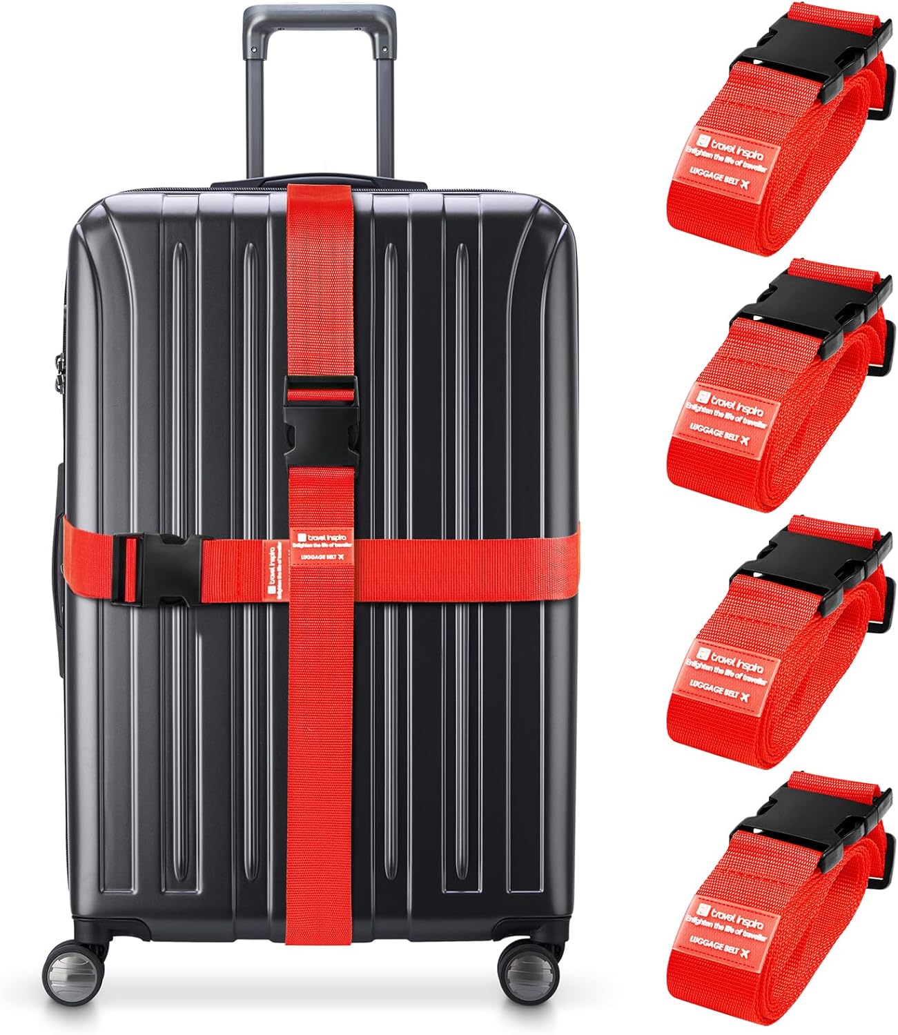 Travel Inspira Luggage Straps for Suitcases, Adjustable Suitcase Strap, TSA Approved Luggage Straps - Secure Your Luggage Safely During Travel Red (4 Pack)