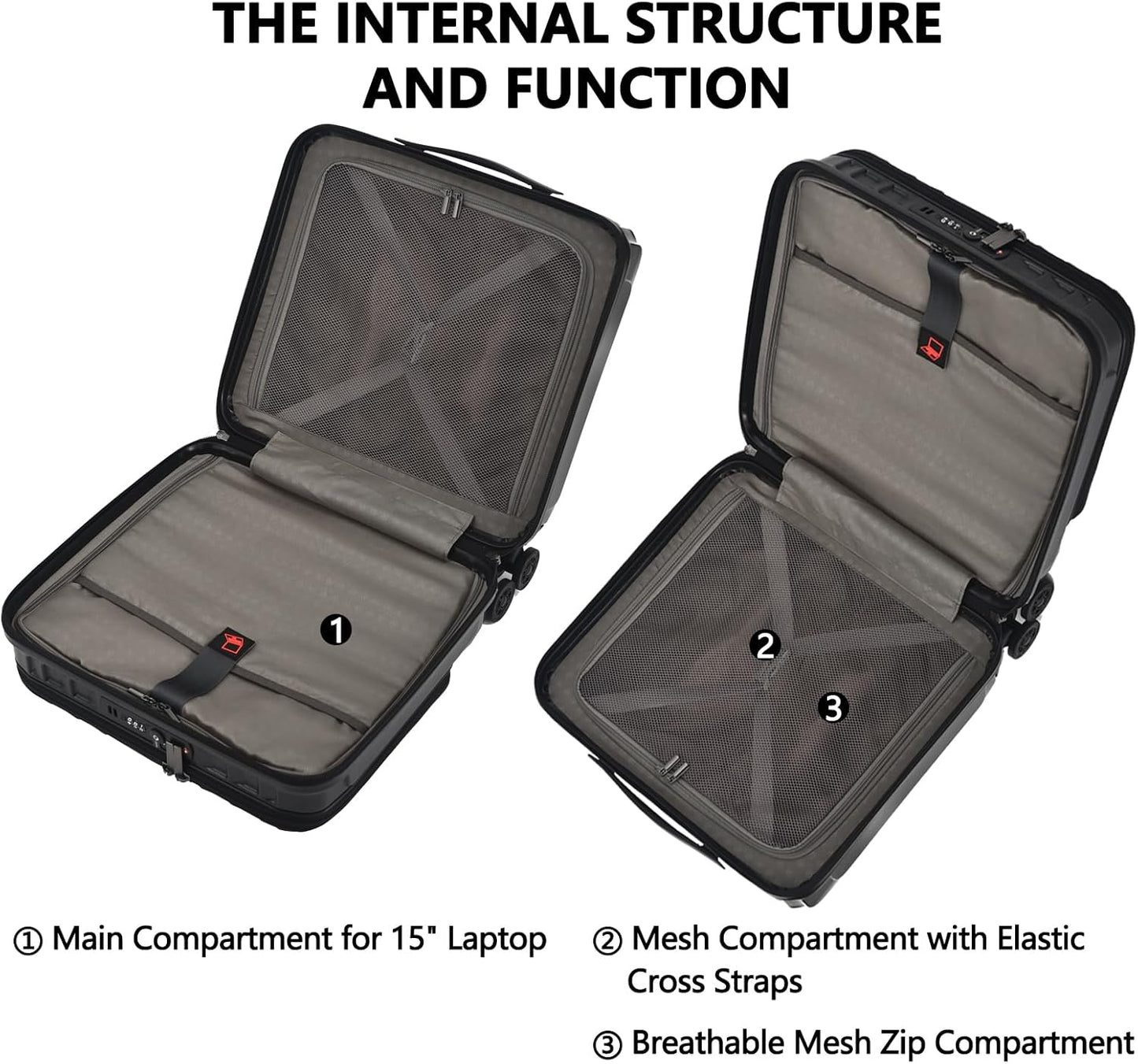 TydeCkare 16" Carry on Luggage with 2 Laptop Compartments, Lightweight Hardshell ABS+PC Suitcase with Dual Control TSA Lock, with YKK Zipper, 4 Spinner Silent Wheels, for Business Travel, Black