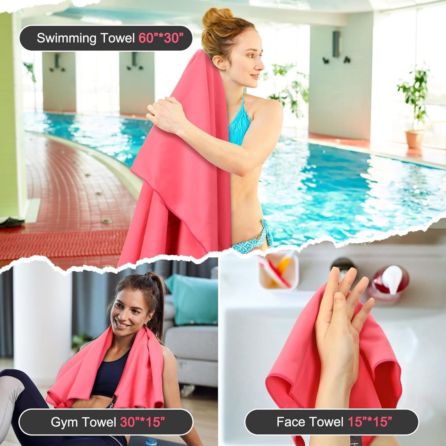 Quick Dry Travel Towel, 3 Sizes 1 Pack Camping Microfiber Towel, Lightweight Fast Drying Towels Set 60"x30", 30"x15", 15"x15" w/Bag for Gym, Beach, Hiking, Swimming, Red