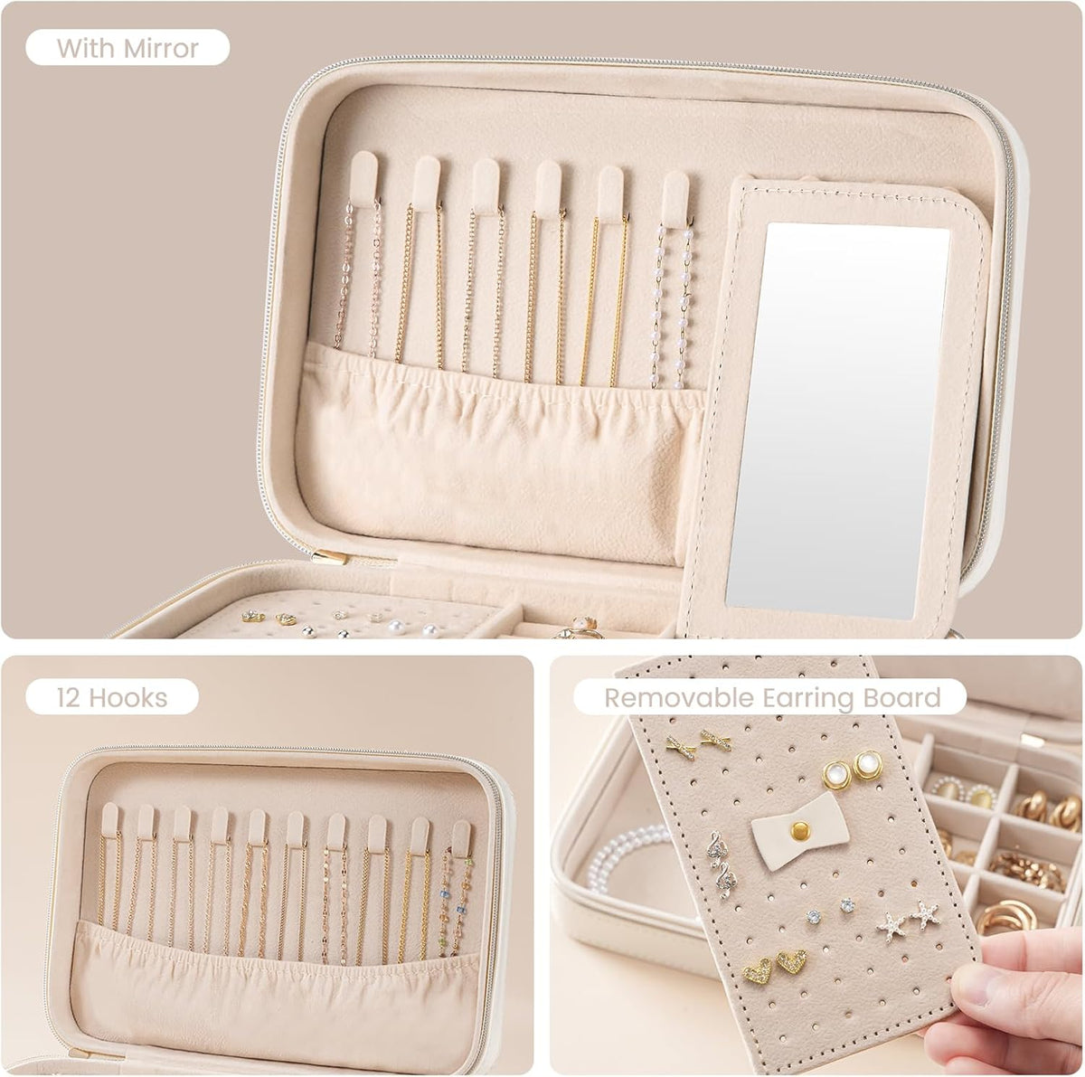 Lolalet Travel Jewelry Case for Women, Travel Jewelry Organizer Box with Mirror & Clear Storage Bag, Small Portable Traveling Earring Necklace Bracelet Ring Case, Bridesmaid Gifts -Medium, White