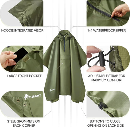 PTEROMY Hooded Rain Poncho for Adult with Pocket, Waterproof Lightweight Unisex Raincoat for Hiking Camping Emergency