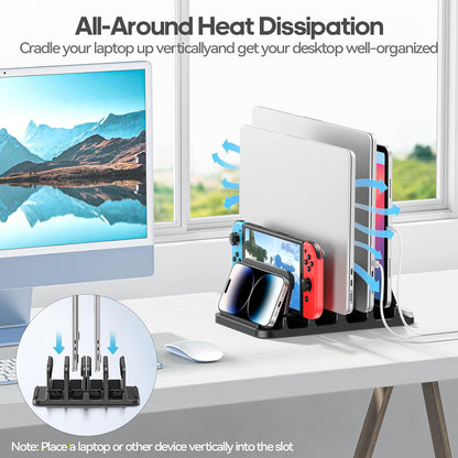 KDD 4-Slot Vertical Laptop Stand with Gravity Locking, 6-in-1 Laptop Holder Desktop Stand, Space-Saving Organizer Fits MacBook/Surface/HP/Dell/Book/Tablet/Switch/Cell Phone and Keyboard