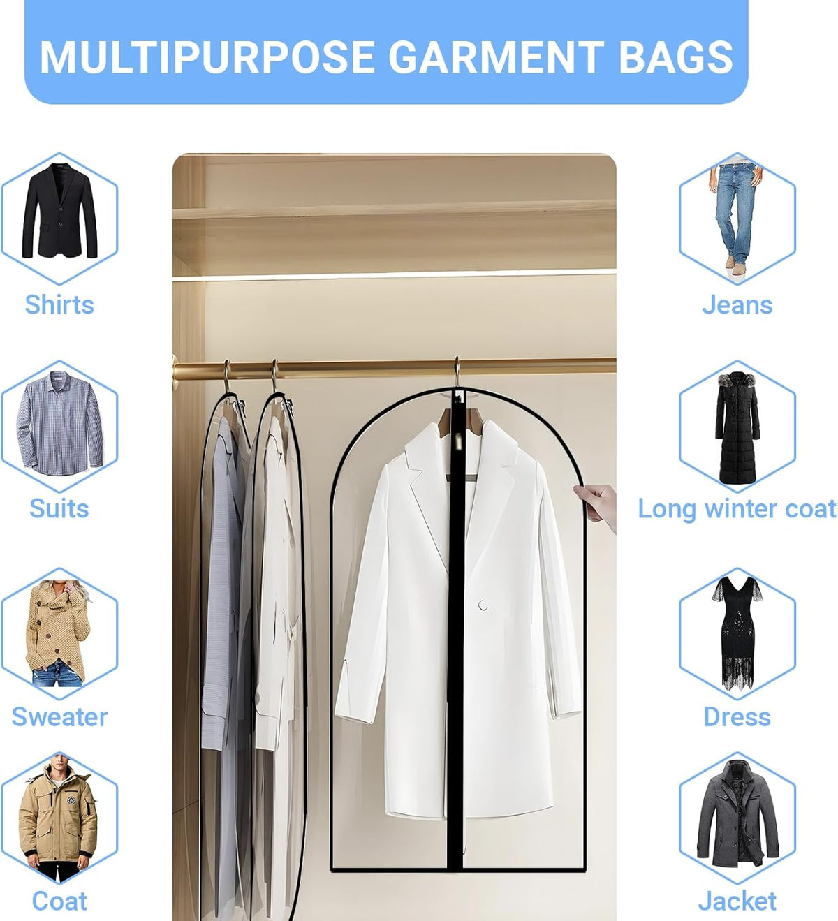 Garment Bags for Hanging Clothes 24'' x 40'' (Set of 12) Coat Covers for Closet Foldable Washable Dress Bags for Hanging Clothes for Long Dress Dance Costumes Suits Gowns Coats