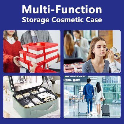 Travel Makeup Bag for Makeup Artists Large Makeup Case,with Mirror 3 Color Setting and Detachable 10x Magnifying Mirror Travel Makeup Bag,Portable Storage and Adjustable Dividers-dark blue