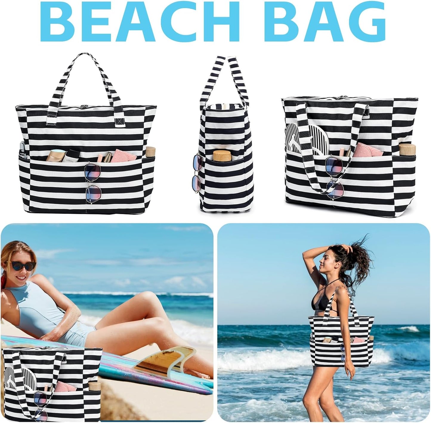 LEDAOU Beach Bag Waterproof Sandproof Women Tote Bag Pool Bag with Zipper for Gym Grocery Travel with Wet Pocket