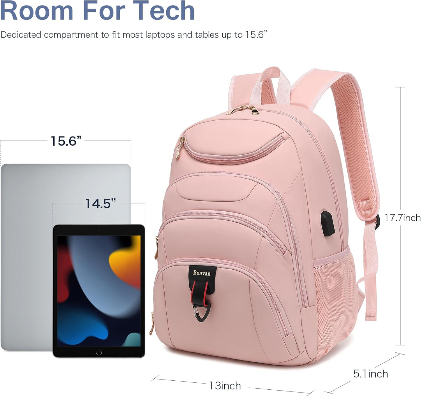 Boavan Laptop Backpack for women, 15.6 inch Laptop Bag with USB Port, Waterproof Travel Work Backpack Purse, Anti-Theft Teacher Nurse Doctor Casual Bookbags Office Business backpack，Pink