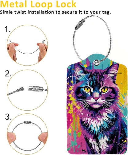 Colorful Cat 2 Pack Luggage Tag for Suitcase, Cute Unique Leather Bag Tags Identifiers Privacy Cover ID Label with Steel Loop for Women Men Kids Girls Travel,