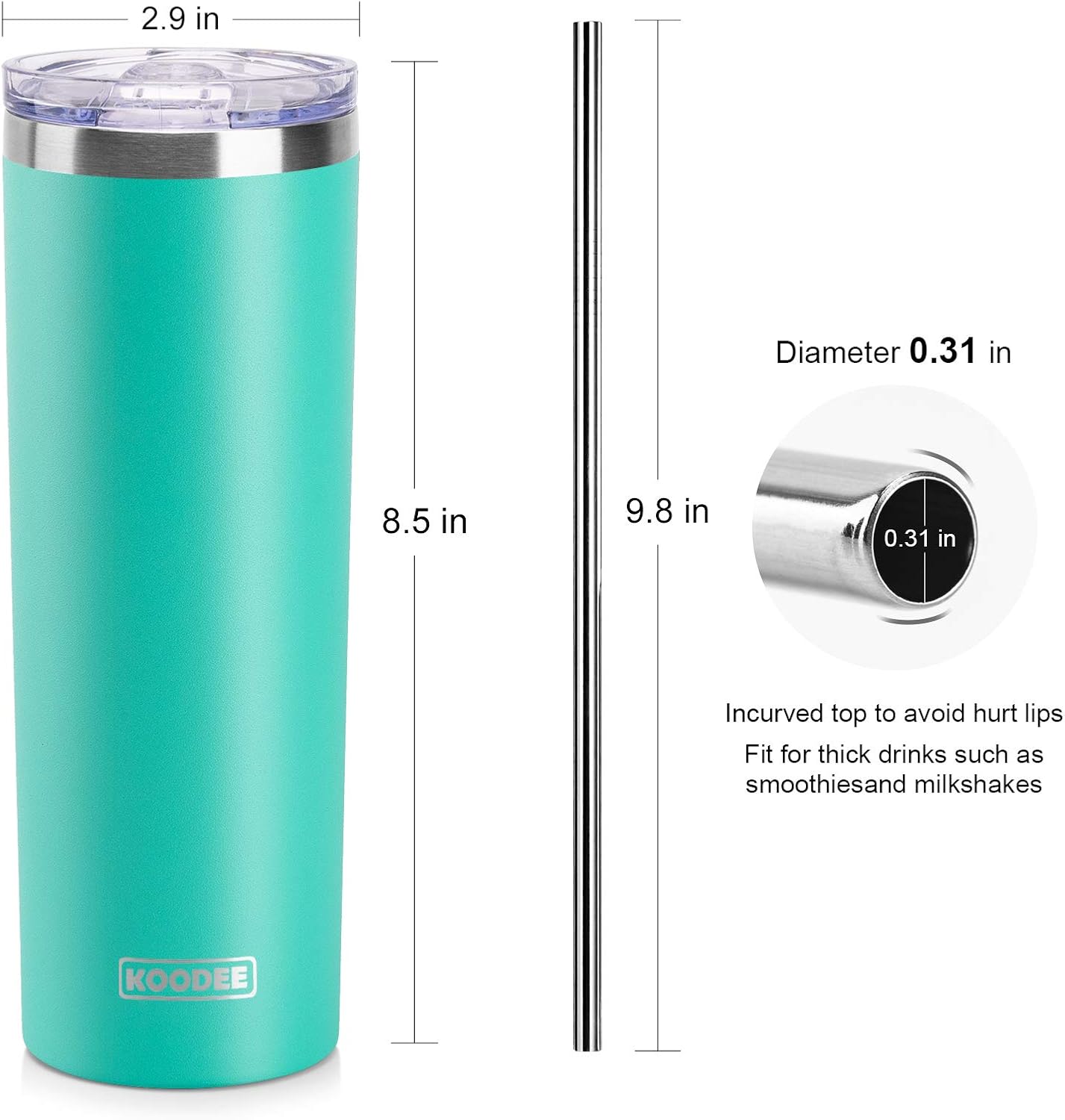 koodee 20 oz Skinny Tumbler Stainless Steel Double Wall Insulated Water Tumbler Cup with Lid and Straw, Slim Travel for Women/Men Diy Birthday Gift (Teal)