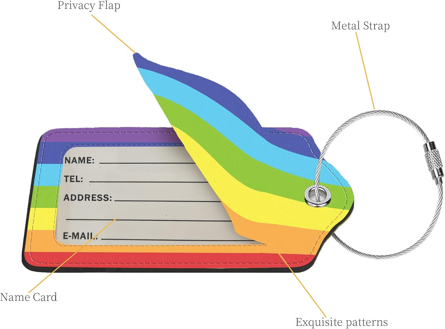 2 Pcs Luggage Tags for Suitcases, PU Leather Cruise Ship Luggage Tags with Privacy Cover Label Address Card and Durable Metal Ring Suitable for Men Women Handbags Backpacks SchoolBags,Rainbow Stripes