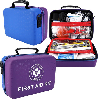 Large First Aid Kit - 410 Piece Dual-Color Emergency Kit with Hard Shell & Fluorescent Interior Coating, Professional Survival Kit for Home, Car, Travel, Hiking & Outdoor(Blue/Purple)