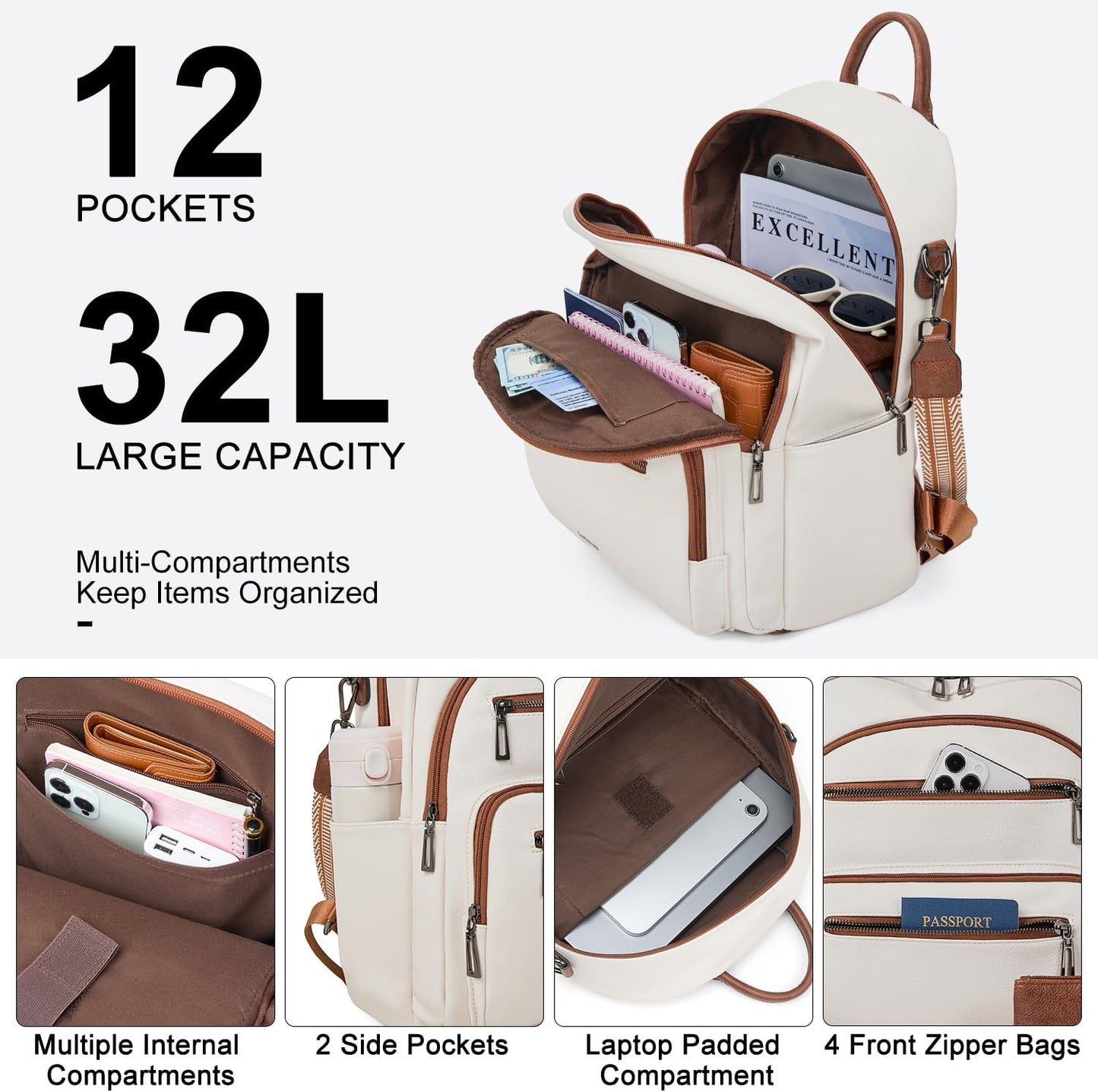 Backpack Purse for Women Laptop Backpack, Leather Travel Backpack Shoulder Bag Teacher College Daypack Work Handbag fits 14" Laptop-Beige