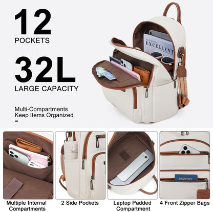 Backpack Purse for Women Laptop Backpack, Leather Travel Backpack Shoulder Bag Teacher College Daypack Work Handbag fits 14" Laptop-Beige