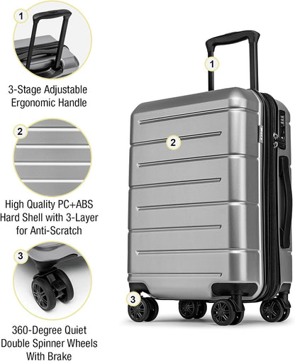 KYME Hardside Expandable Carry On Luggage 22x14x9 Airline Approved 20 Inch Hardshell Carry On Suitcase with Wheels TSA Lock Small Travel Rolling Luggage with Cup Holder for Women Men Silver