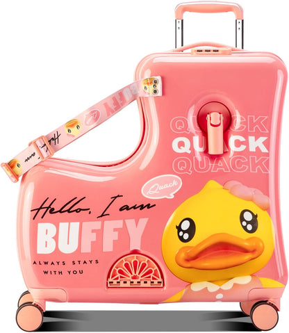 Kids' Lightweight Ride on Luggage with Spinner Wheels & Foldabe Design (Pink Duck, 24"+ Aged 3-12 Toddler)