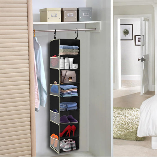 Large-Sized Hanging Shoe Organizer 8-Shelf, Hanging Closet Organizer with 8 Side Pockets, Wider Hanging Shelves for Storage Shoes Clothes 9" W × 11.8" D× 48" H, Black.