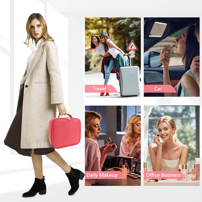 Travel Makeup Bag for Makeup Artists Large Makeup Case,with Mirror 3 Color Setting and Detachable 10x Magnifying Mirror Travel Makeup Bag,Portable Storage and Adjustable Dividers（light red）