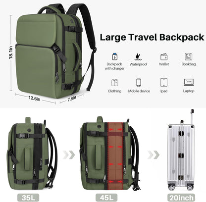 Travel Backpack Carry On Flight Approved, Lightweight Large Travel Backpack, Expandable with USB Charging Hole, Waterproof Causal Bookbag for Travel Work College Fits 17 inch Laptop, Green