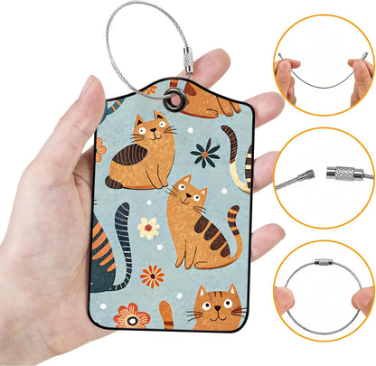 Luggage Tags for Suitcases, 2-Pack PU Leather for Cruise & Travel, Baggage ID Tags with Privacy Cover & Address Card, Durable Metal Ring, Kids Adults Travel Accessories, Whimsical Felines & Flora