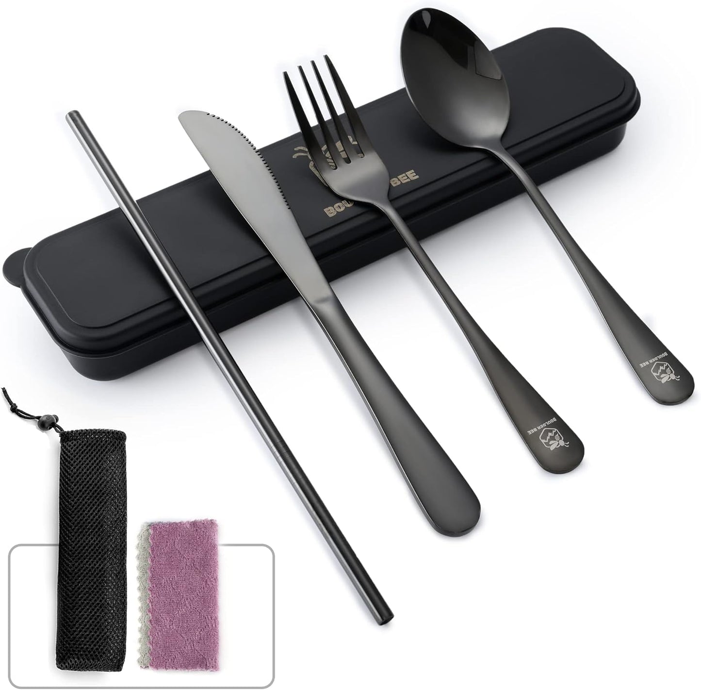 Boulder Bee | Travel Utensils Set | Reusable Camping Cutlery Set | Stainless Steel Flatware Set | Portable Silverware Set with Case | Includes Knife/Fork/Spoon/Straw/Cleaning Cloth/Case (Black)