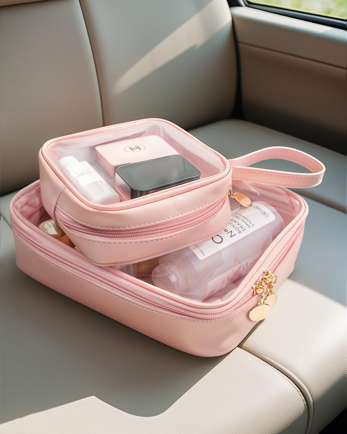 KOTORA TSA Approved Toiletry Bag with Mini Clear Makeup Bag Travel Size Beach Pool Bag Car Accessories for Women Her (B-Clear Pink)