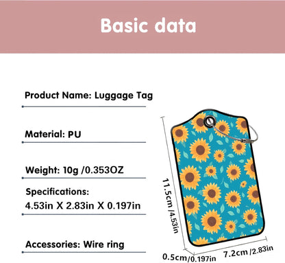 Luggage Tags for Suitcases, 2-Pack PU Leather for Cruise & Travel, Baggage ID Tags with Privacy Cover & Address Card, Durable Metal Ring, Kids Adults Travel Accessories, Turquoise Sunflowers