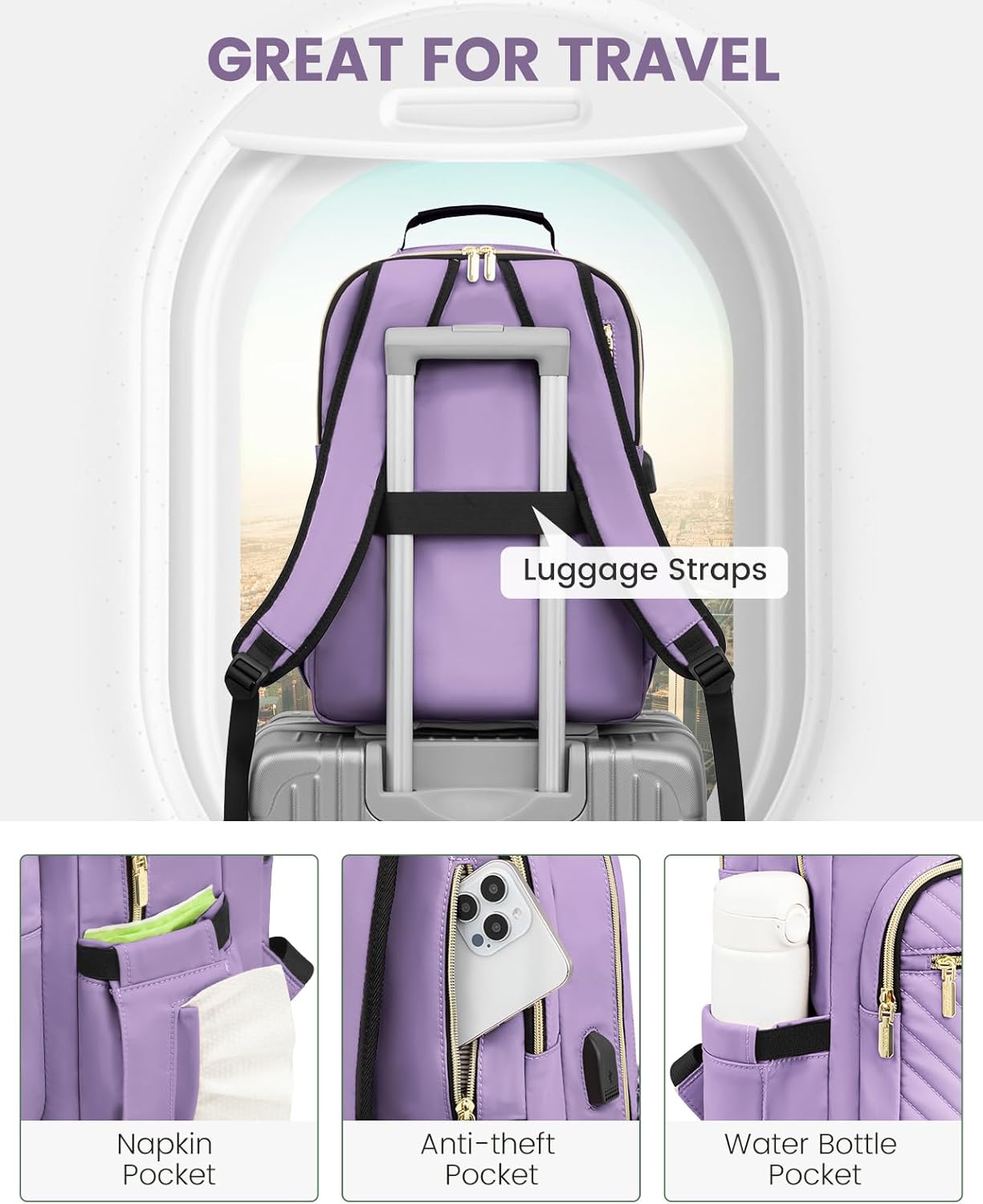 LOVEVOOK Laptop Backpack Purse for Women, Work Travel Computer Bags, College School Backpack for Student Girl, Quilted Casual Daypack with USB Port, Fit 15.6 Inch Laptop, Purple