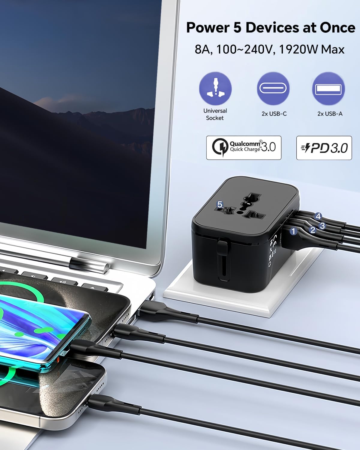 Universal Travel Adapter with 2 PD20W USB-C & 2 QC18W USB-A Ports, Fast Charging International Power Plug Adapter, All-in-One Worldwide Adaptor Converter Wall Charger for US EU UK AUS Asia