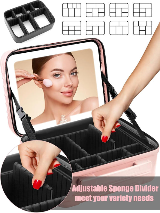 Kalolary Travel Makeup Train Cases,Makeup Bag with 3 Color Lighted Mirror Cosmetic Case Organizer Bag with Adjustable Dividers & Shoulder Strap 3 Layer Portable Makeup Storage Box for Women,Pink