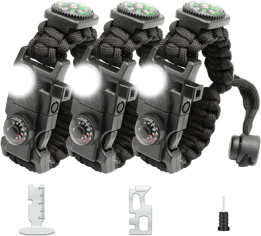 20 in 1 Survival Paracord Bracelet Adjustable Gear Kit with SOS LED Light, Fire Starter, Bigger Compass, Survival Whistle, Perfect for Camping, Hiking, Fishing